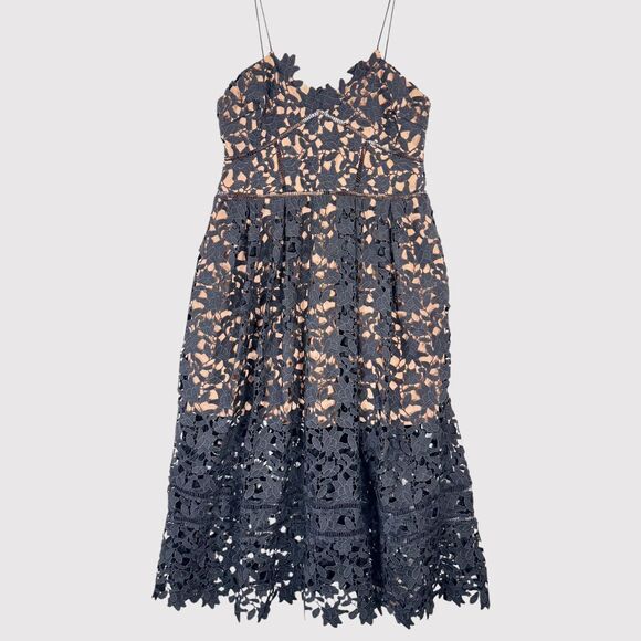 Self Portrait Dress Black Azaelea Midi V Neck Floral Overlay Evening Size 10 - Picture 2 of 15